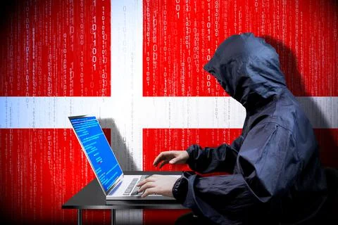 Anonymous hooded hacker, flag of Denmark, binary code - cyber attack concept 스톡 일러스트