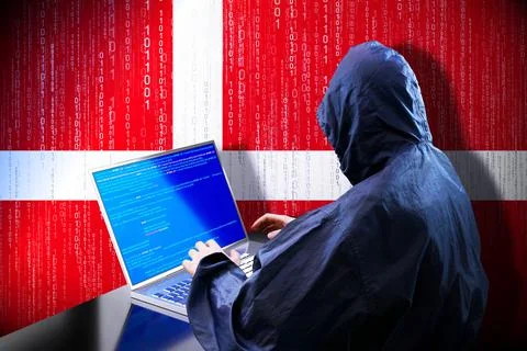 Anonymous hooded hacker, flag of Denmark, binary code - cyber attack concept イラスト素材