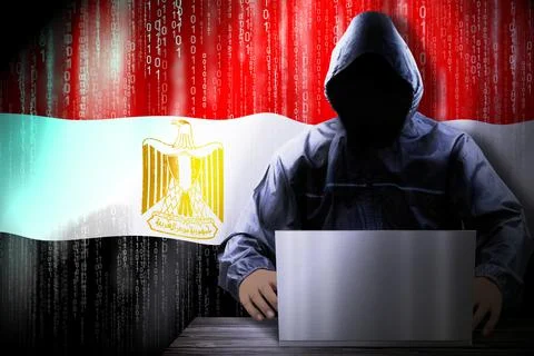 Anonymous hooded hacker, flag of Egypt, binary code - cyber attack concept Stock Illustration