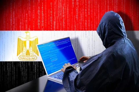 Anonymous hooded hacker, flag of Egypt, binary code - cyber attack concept イラスト素材