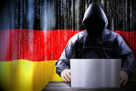 Anonymous hooded hacker, flag of Germany, binary code - cyber attack concept 스톡 일러스트