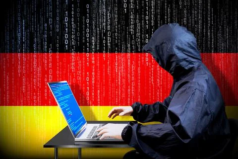 Anonymous hooded hacker, flag of Germany, binary code - cyber attack concept イラスト素材