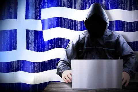 Anonymous hooded hacker, flag of Greece, binary code - cyber attack concept 스톡 일러스트