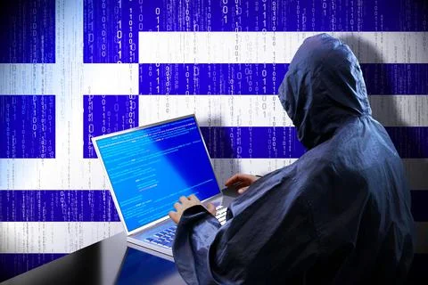 Anonymous hooded hacker, flag of Greece, binary code - cyber attack concept イラスト素材