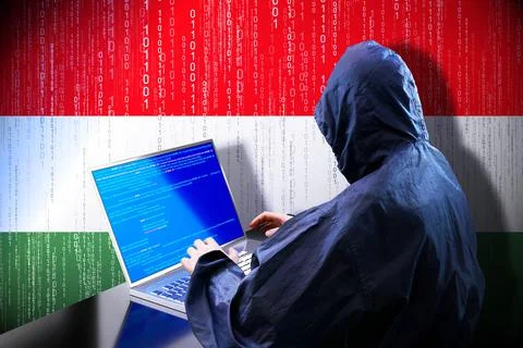 Anonymous hooded hacker, flag of Hungary, binary code - cyber attack concept イラスト素材