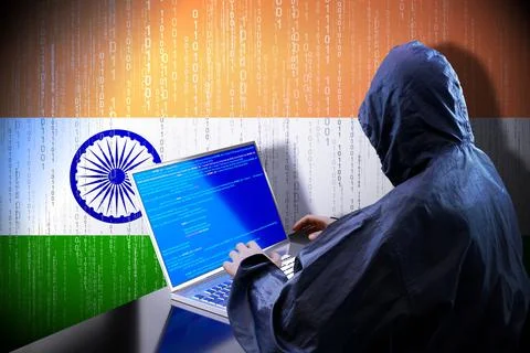 Anonymous hooded hacker, flag of India binary code - cyber attack concept イラスト素材