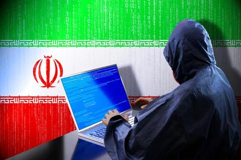 Anonymous hooded hacker, flag of Iran, binary code - cyber attack concept 스톡 일러스트