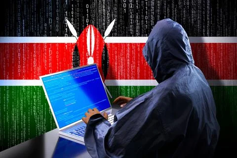 Anonymous hooded hacker, flag of Kenya, binary code - cyber attack concept イラスト素材