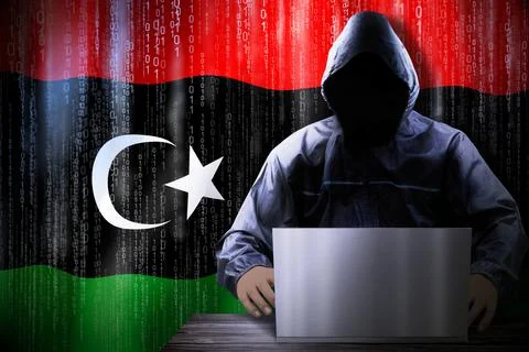 Anonymous hooded hacker, flag of Libya, binary code - cyber attack concept イラスト素材