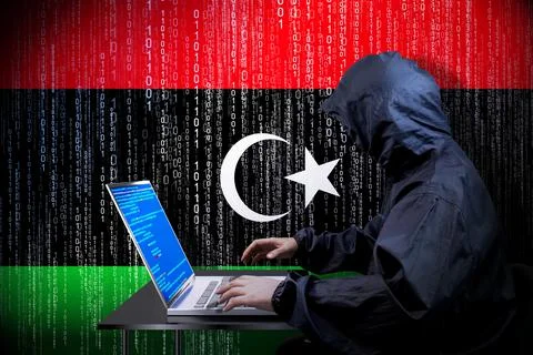 Anonymous hooded hacker, flag of Libya, binary code - cyber attack concept イラスト素材