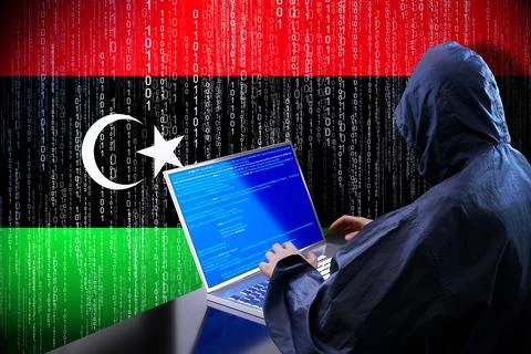 Anonymous hooded hacker, flag of Libya, binary code - cyber attack concept イラスト素材