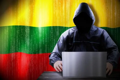 Anonymous hooded hacker, flag of Lithuania, binary code - cyber attack concep Stock Illustration