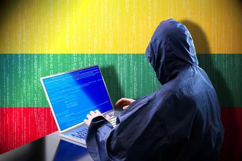 Anonymous hooded hacker, flag of Lithuania, binary code Stockillustratie