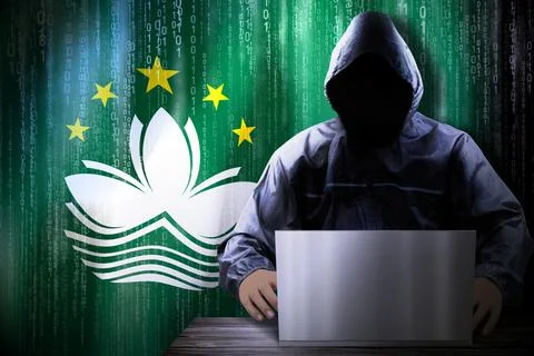Anonymous hooded hacker, flag of Macau, binary code - cyber attack concept イラスト素材