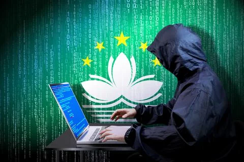 Anonymous hooded hacker, flag of Macau, binary code - cyber attack concept イラスト素材