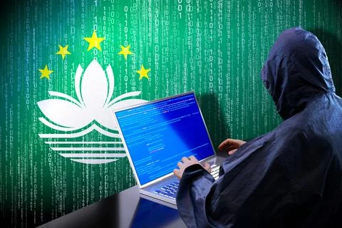 Anonymous hooded hacker, flag of Macau, binary code - cyber attack concept Stock Illustration