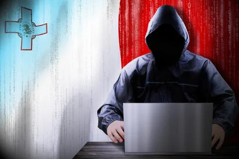 Anonymous hooded hacker, flag of Malta, binary code - cyber attack concept イラスト素材
