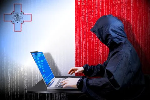 Anonymous hooded hacker, flag of Malta, binary code - cyber attack concept Stock Illustration