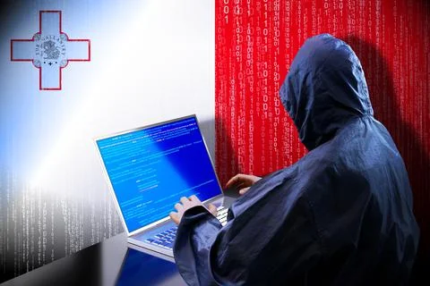 Anonymous hooded hacker, flag of Malta, binary code - cyber attack concept Stock Illustration