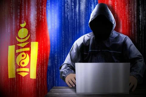 Anonymous hooded hacker, flag of Mongolia, binary code - cyber attack concept Stock Illustration