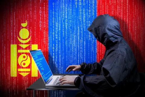 Anonymous hooded hacker, flag of Mongolia, binary code - cyber attack concept イラスト素材