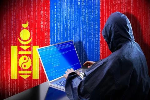 Anonymous hooded hacker, flag of Mongolia, binary code - cyber attack concept Stock Illustration