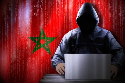 Anonymous hooded hacker, flag of Morocco, binary code - cyber attack concept 스톡 일러스트