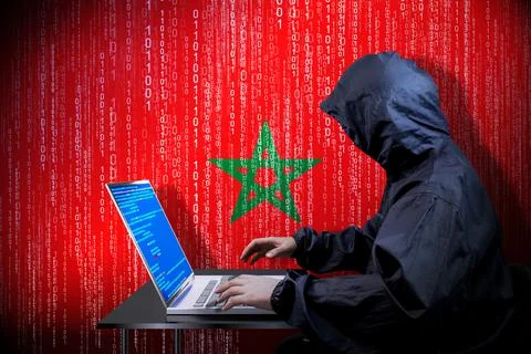 Anonymous hooded hacker, flag of Morocco, binary code - cyber attack concept Stock Illustration