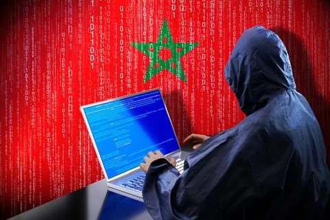 Anonymous hooded hacker, flag of Morocco, binary code - cyber attack concept イラスト素材