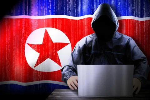 Anonymous hooded hacker, flag of North Korea, binary code - cyber attack conc Stock Illustration