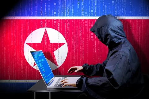 Anonymous hooded hacker, flag of North Korea, binary code Stock Illustration