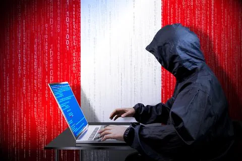 Anonymous hooded hacker, flag of Peru, binary code - cyber attack concept イラスト素材