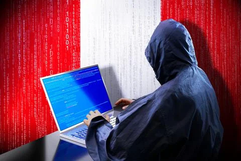 Anonymous hooded hacker, flag of Peru, binary code - cyber attack concept Stock Illustration