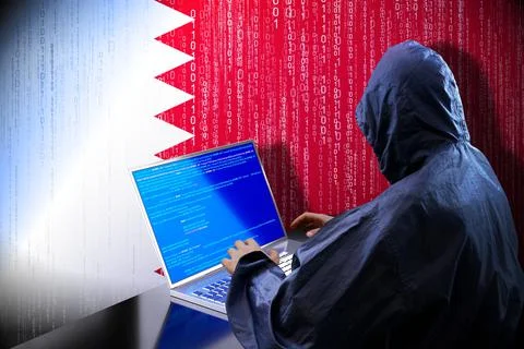 Anonymous hooded hacker, flag of Qatar, binary code - cyber attack concept イラスト素材