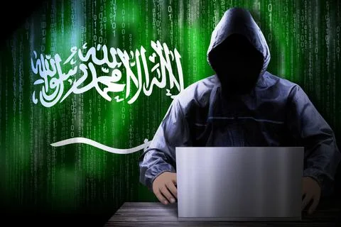Anonymous hooded hacker, flag of Saudi Arabia, binary code - cyber attack con 스톡 일러스트