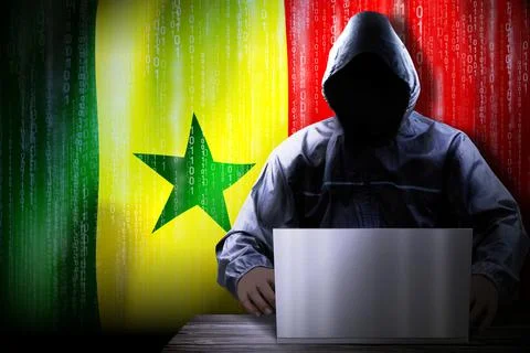 Anonymous hooded hacker, flag of Senegal, binary code - cyber attack concept Stock Illustration