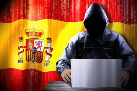 Anonymous hooded hacker, flag of Spain, binary code - cyber attack concept Stock Illustration