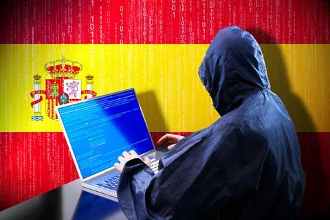 Anonymous hooded hacker, flag of Spain, binary code - cyber attack concept イラスト素材