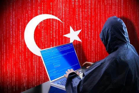 Anonymous hooded hacker, flag of Turkey, binary code - cyber attack concept イラスト素材