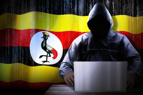 Anonymous hooded hacker, flag of Uganda, binary code - cyber attack concept Stock Illustration