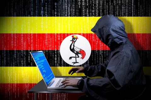 Anonymous hooded hacker, flag of Uganda, binary code - cyber attack concept Stock Illustration