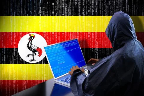 Anonymous hooded hacker, flag of Uganda, binary code - cyber attack concept イラスト素材