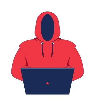 Anonymous hooded hacker using laptop 2D cartoon character Stock-Illustration