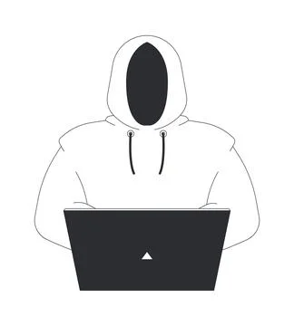 Anonymous hooded hacker using laptop line art character Stock-Illustration