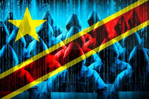 Anonymous hooded hackers, flag of Congo - Democratic Republic, binary code Stock Illustration