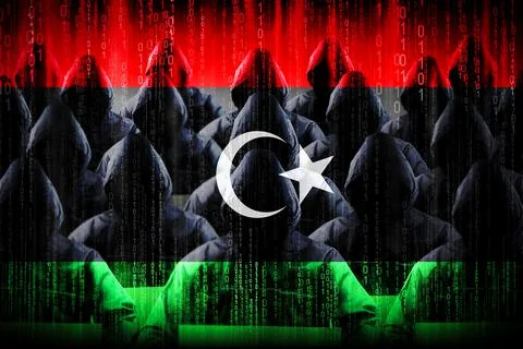 Anonymous hooded hackers, flag of Libya, binary code Stock Illustration