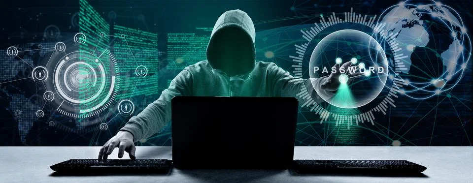 Anonymous internet hacker in front of computer. Web crime concept Stock Illustration