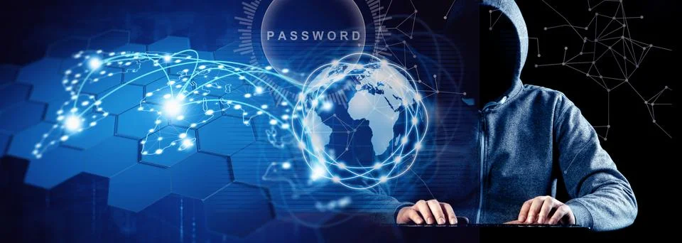 Anonymous internet hacker in front of computer. Web crime concept Stock Photos