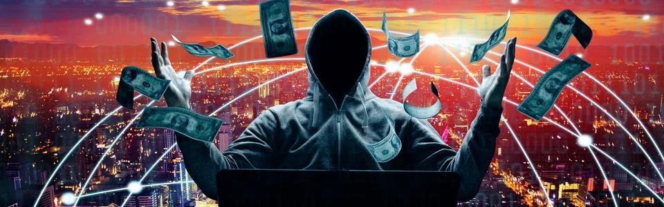 Anonymous internet hacker in front of computer. Web crime concept Stock Photos
