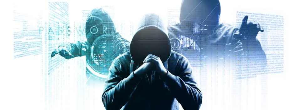 Anonymous internet hacker in front of computer. Web crime concept Stock Photos